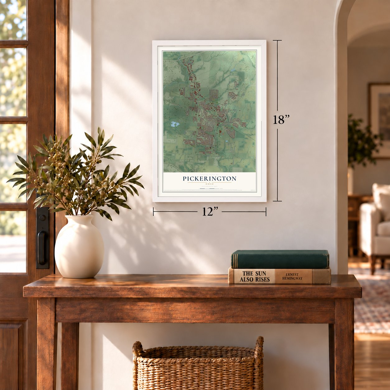 Pickerington, Ohio map, 12 x 18 inch print in a white frame in an entryway