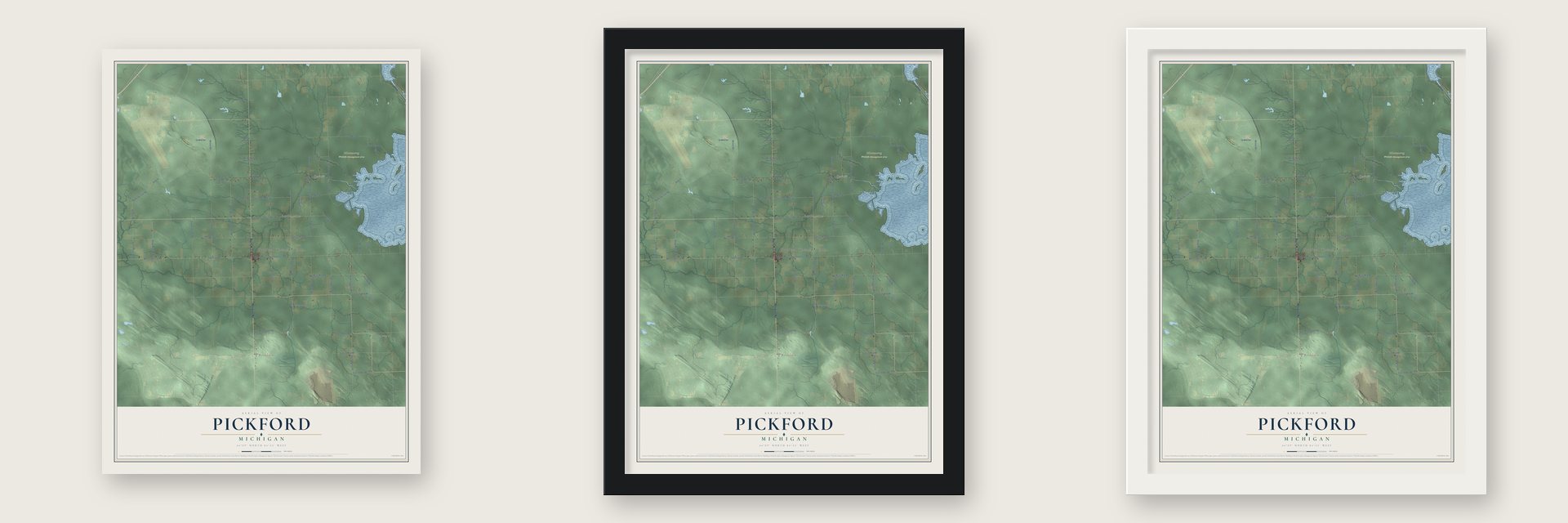 Pickford, Michigan map unframed, in a black wood frame and in a white wood frame