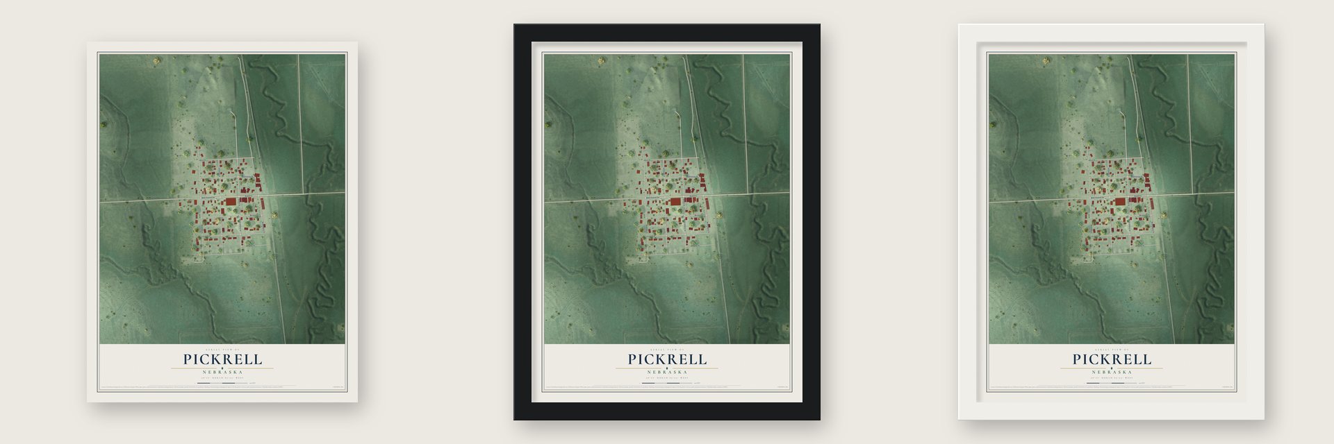Pickrell, Nebraska map unframed, in a black wood frame and in a white wood frame