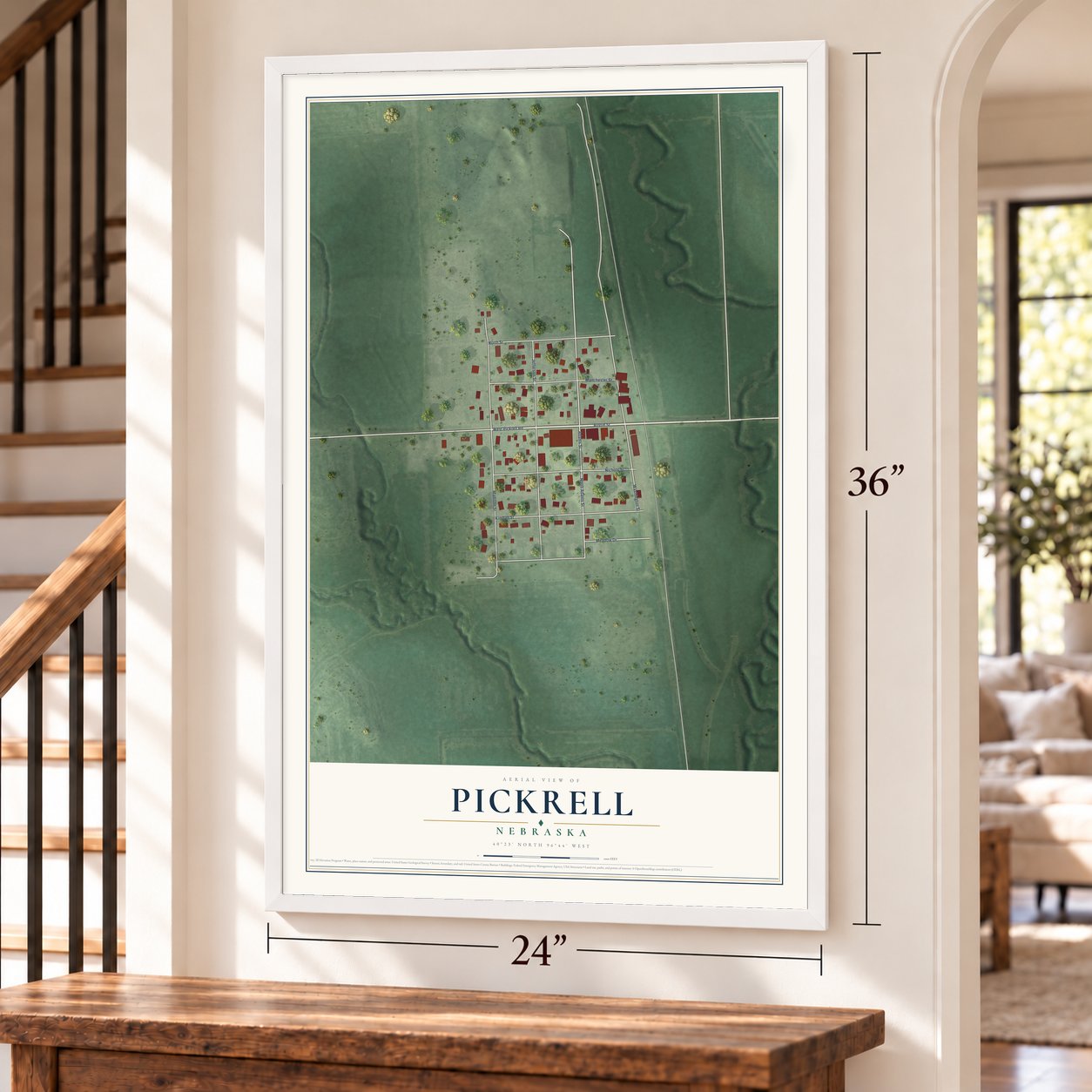 Pickrell, Nebraska map, 24 x 36 inch print in a white frame by a staircase