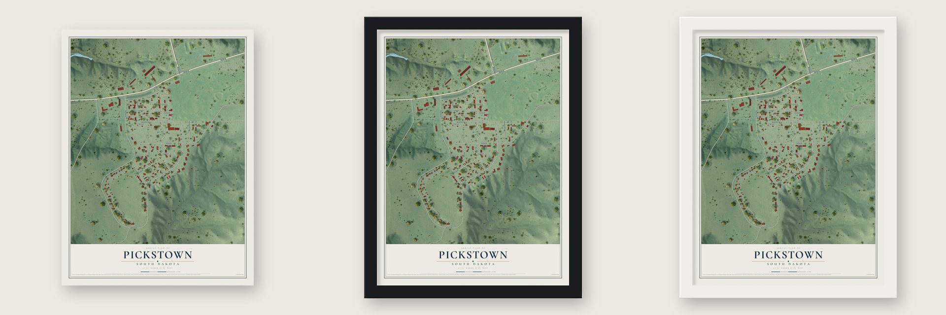 Pickstown, South Dakota map unframed, in a black wood frame and in a white wood frame