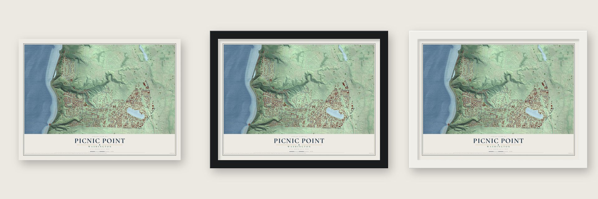 Picnic Point, Washington map unframed, in a black wood frame and in a white wood frame