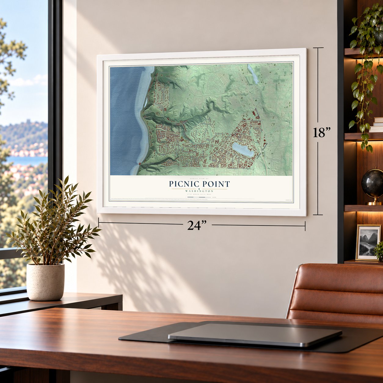 Picnic Point, Washington map, 18 x 24 inch print in a white frame in a home office