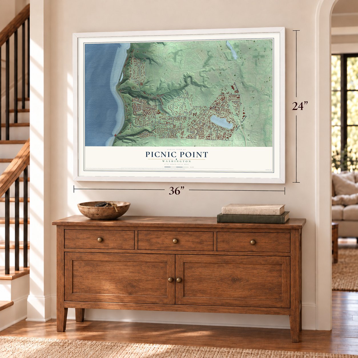 Picnic Point, Washington map, 24 x 36 inch print in a white frame above a dresser by a staircase