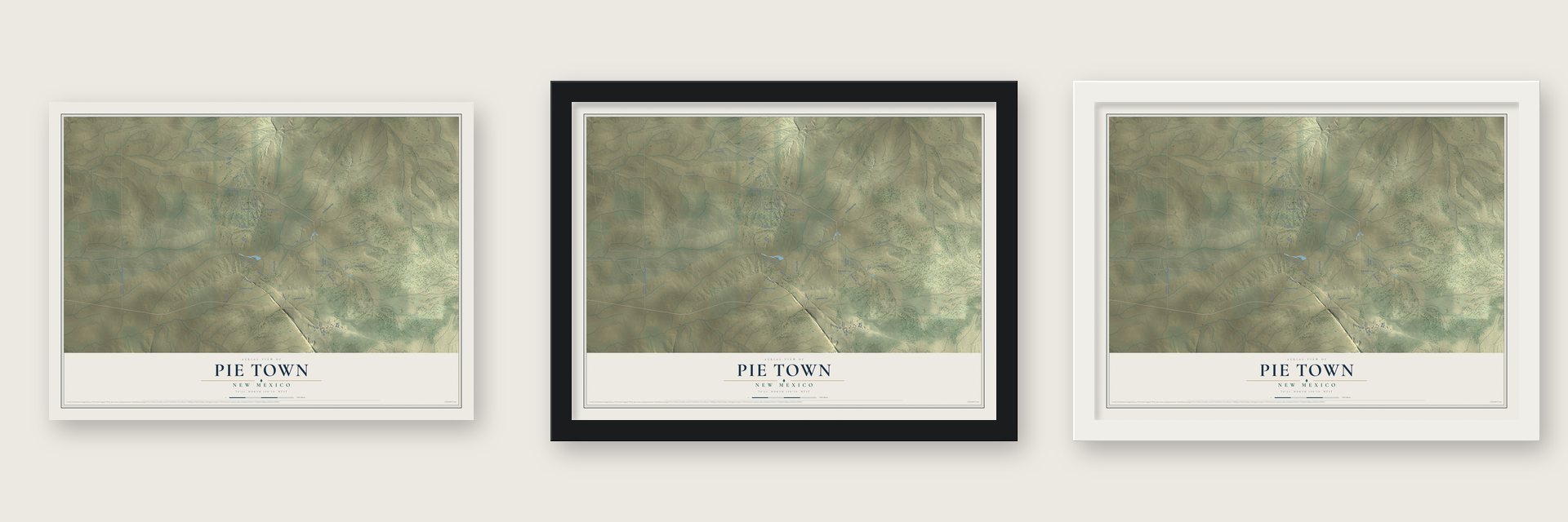 Pie Town, New Mexico map unframed, in a black wood frame and in a white wood frame