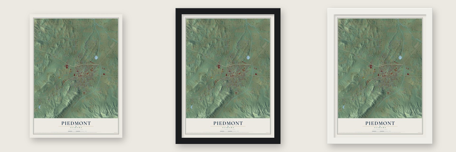 Piedmont, Alabama map unframed, in a black wood frame and in a white wood frame