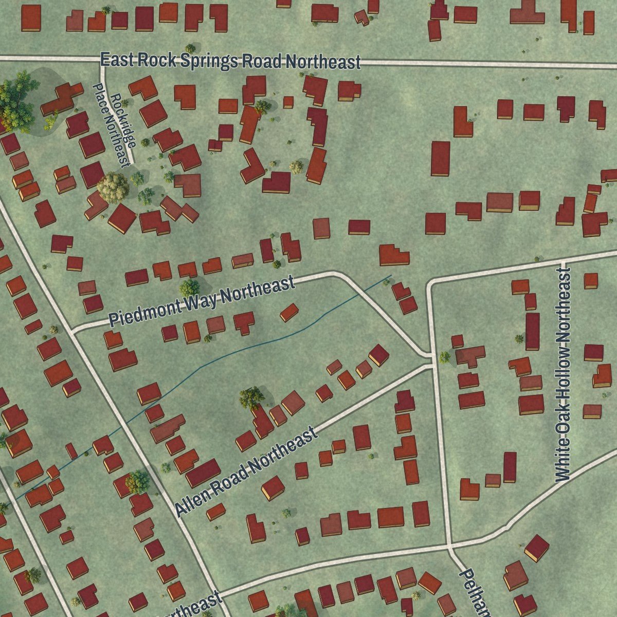 Second close-up of the map of Piedmont Heights, Georgia print showing more streets and buildings