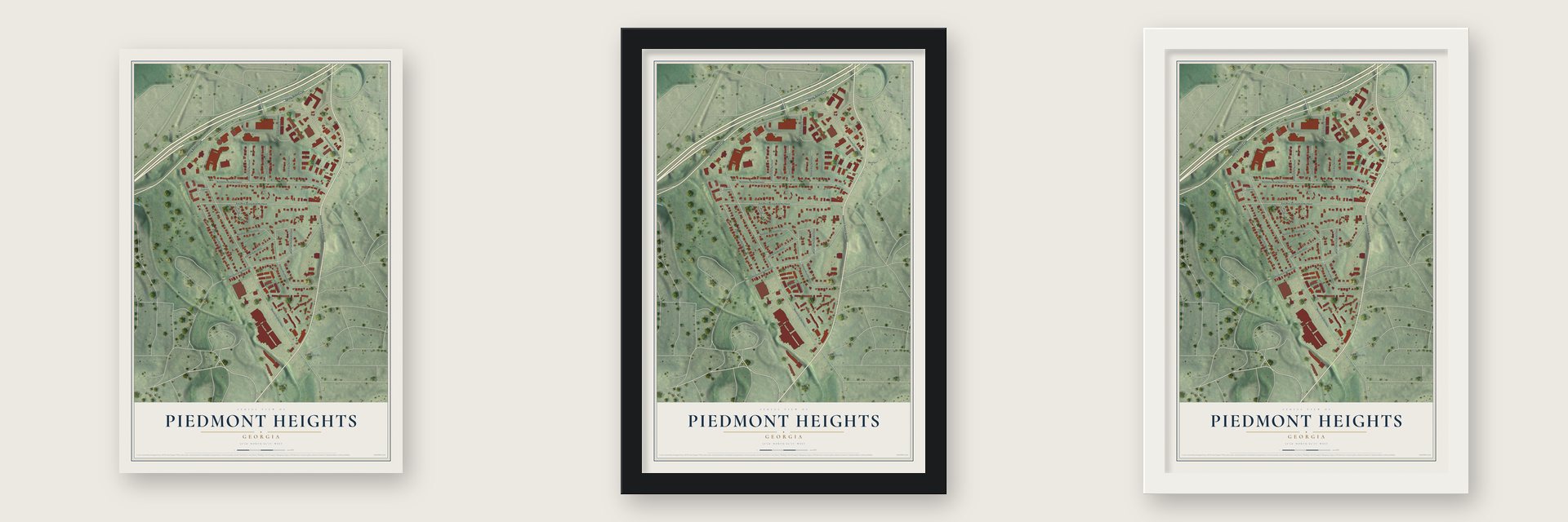 Piedmont Heights, Georgia map unframed, in a black wood frame and in a white wood frame