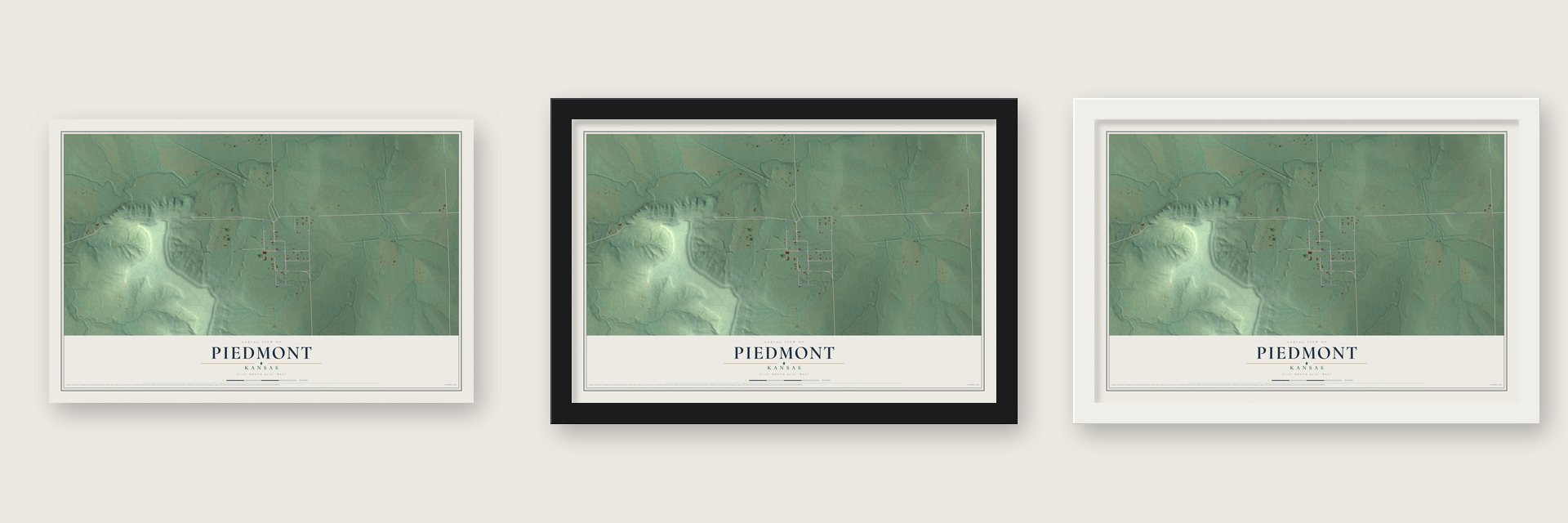 Piedmont, Kansas map unframed, in a black wood frame and in a white wood frame