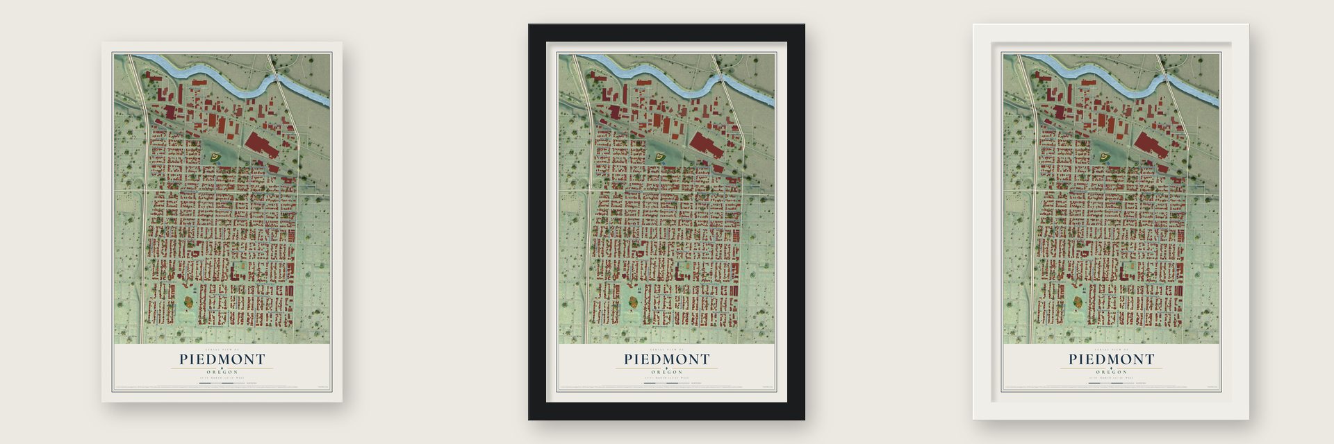 Piedmont, Oregon map unframed, in a black wood frame and in a white wood frame