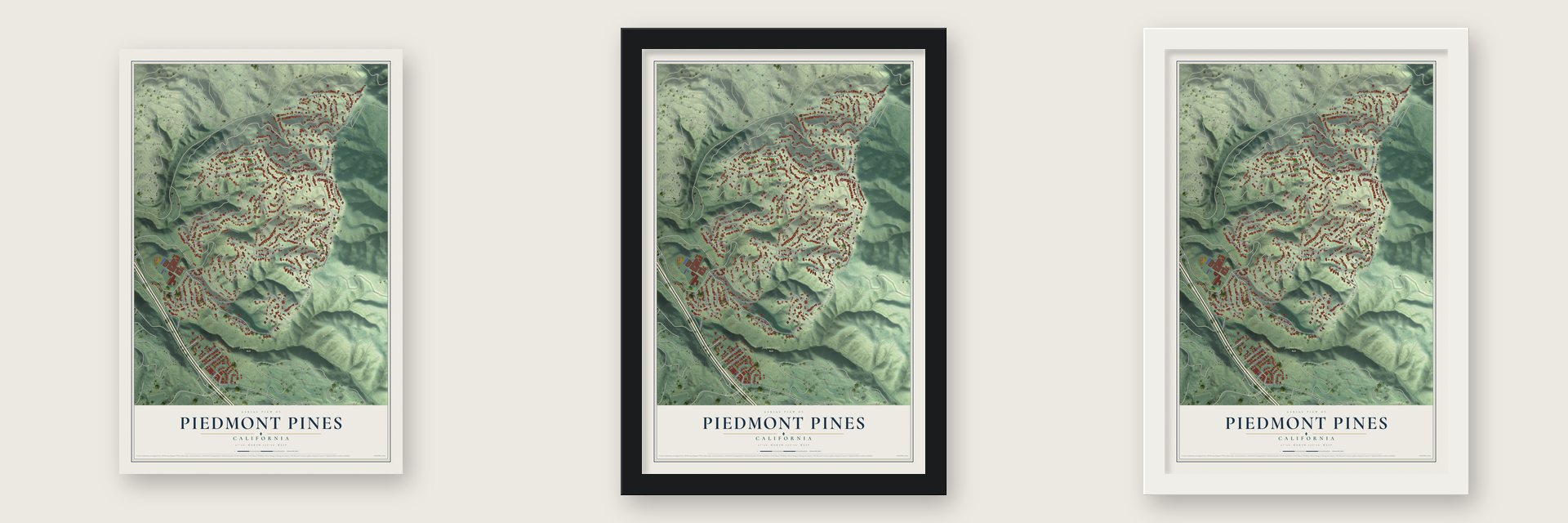 Piedmont Pines, California map unframed, in a black wood frame and in a white wood frame