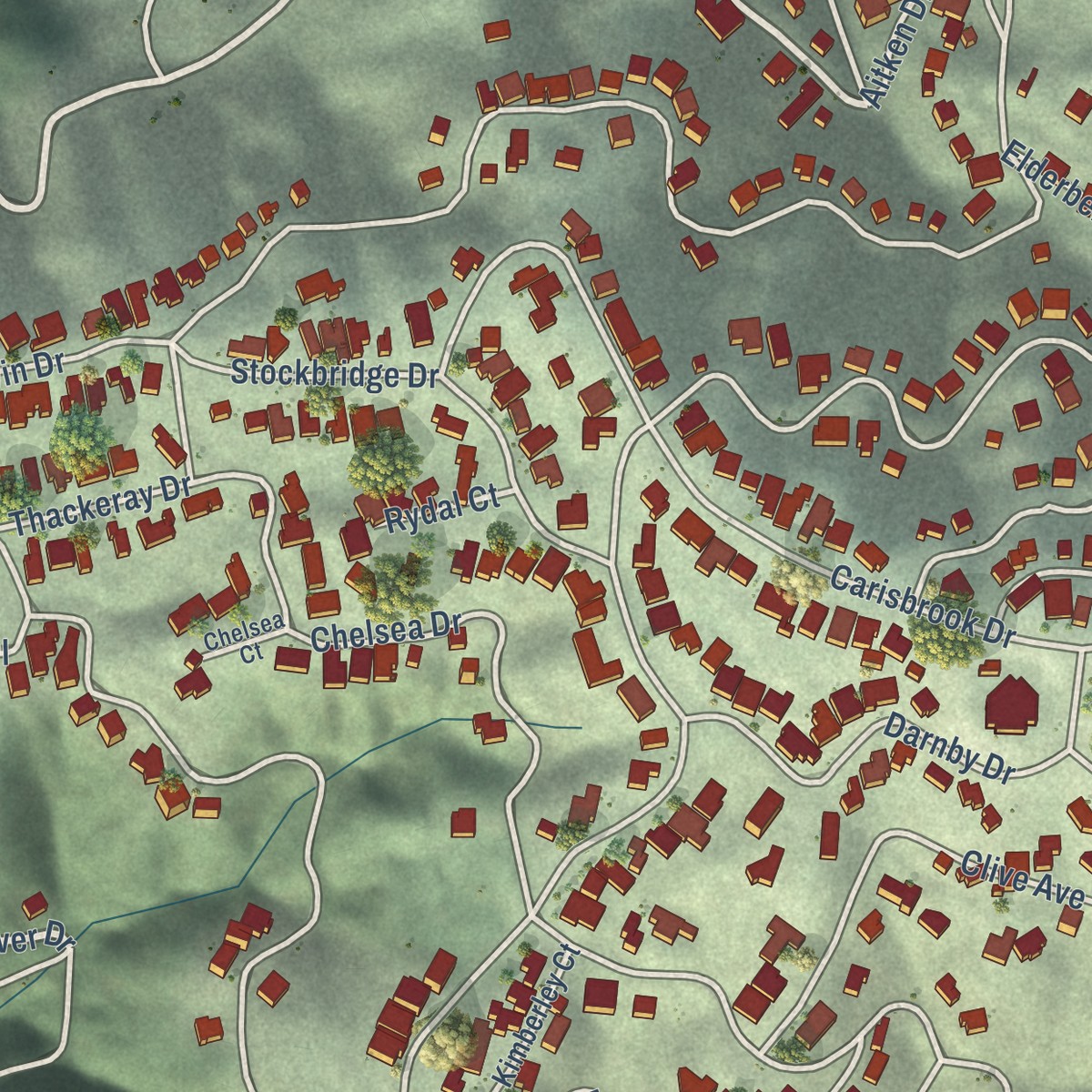 Second close-up of the map of Piedmont Pines, California print showing more streets and buildings