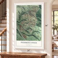 Piedmont Pines, California map, 24 x 36 inch print in a white frame by a staircase