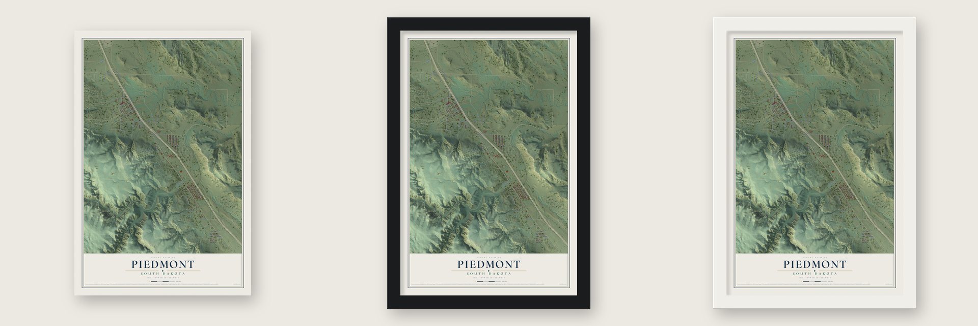 Piedmont, South Dakota map unframed, in a black wood frame and in a white wood frame