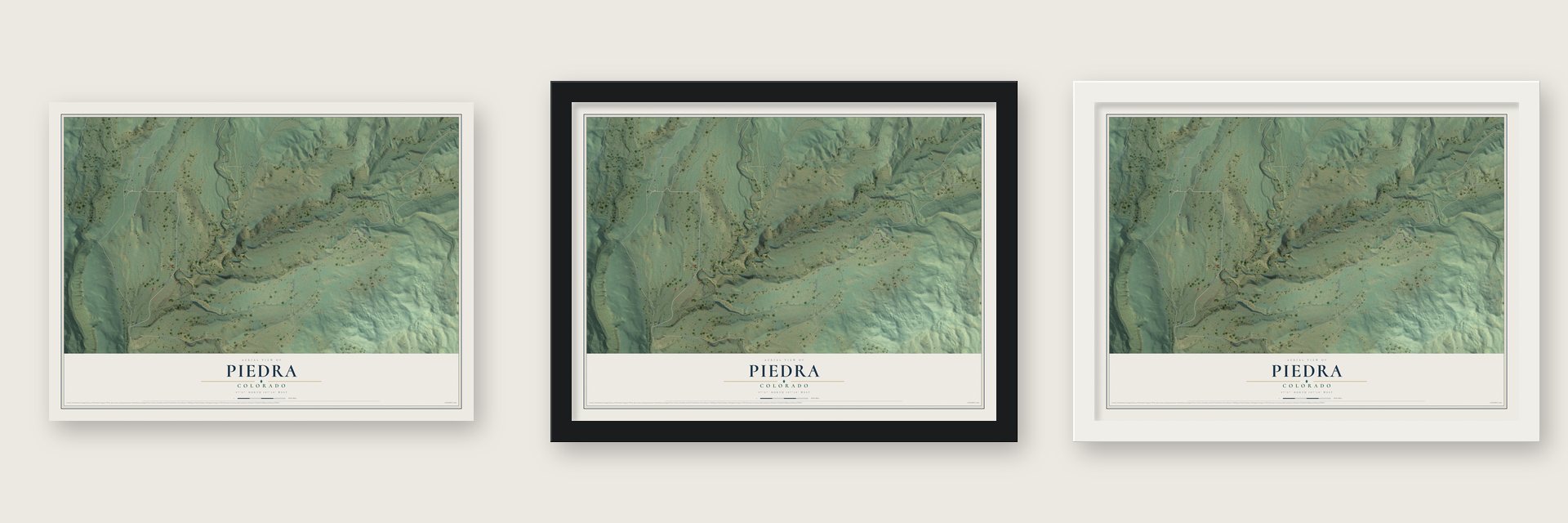 Piedra, Colorado map unframed, in a black wood frame and in a white wood frame