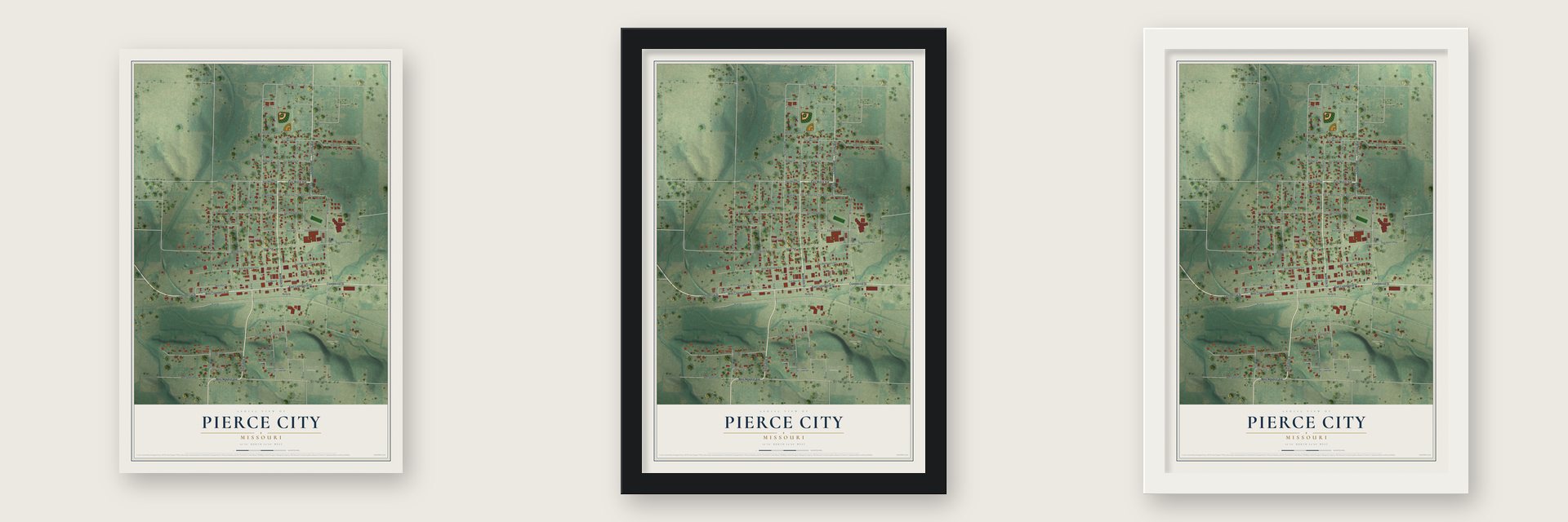 Pierce City, Missouri map unframed, in a black wood frame and in a white wood frame
