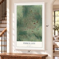Pierce City, Missouri map, 24 x 36 inch print in a white frame by a staircase