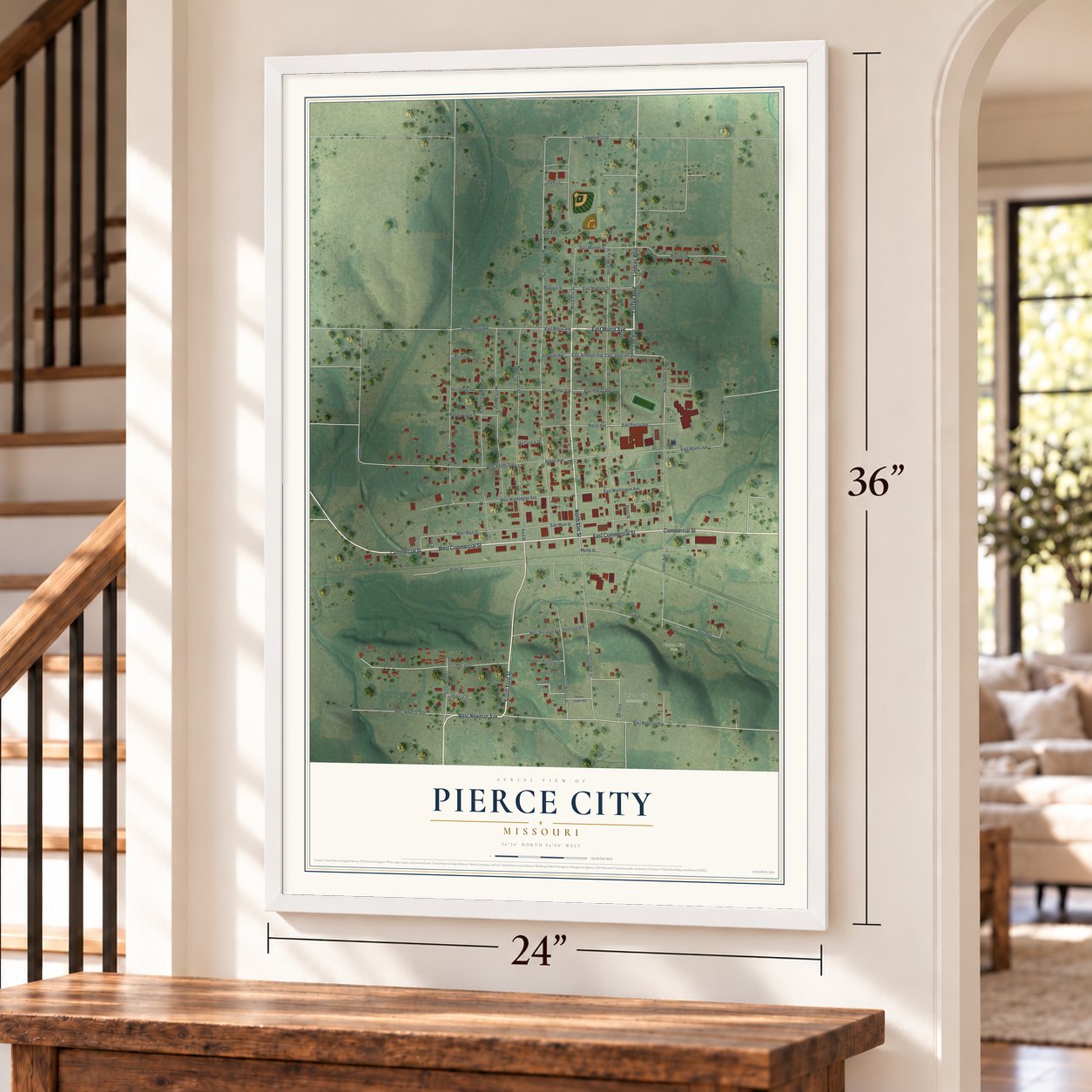 Pierce City, Missouri map, 24 x 36 inch print in a white frame by a staircase