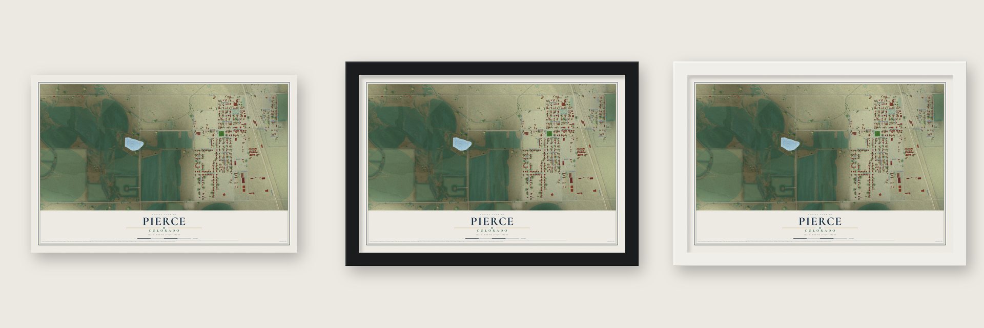 Pierce, Colorado map unframed, in a black wood frame and in a white wood frame