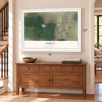 Pierce, Colorado map, 24 x 36 inch print in a white frame above a dresser by a staircase