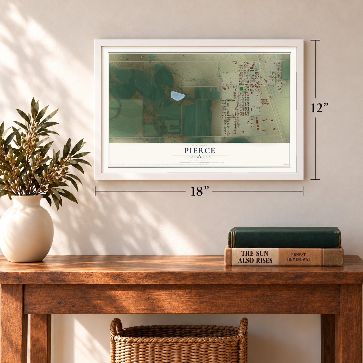 Pierce, Colorado map, 12 x 18 inch print in a white frame in an entryway