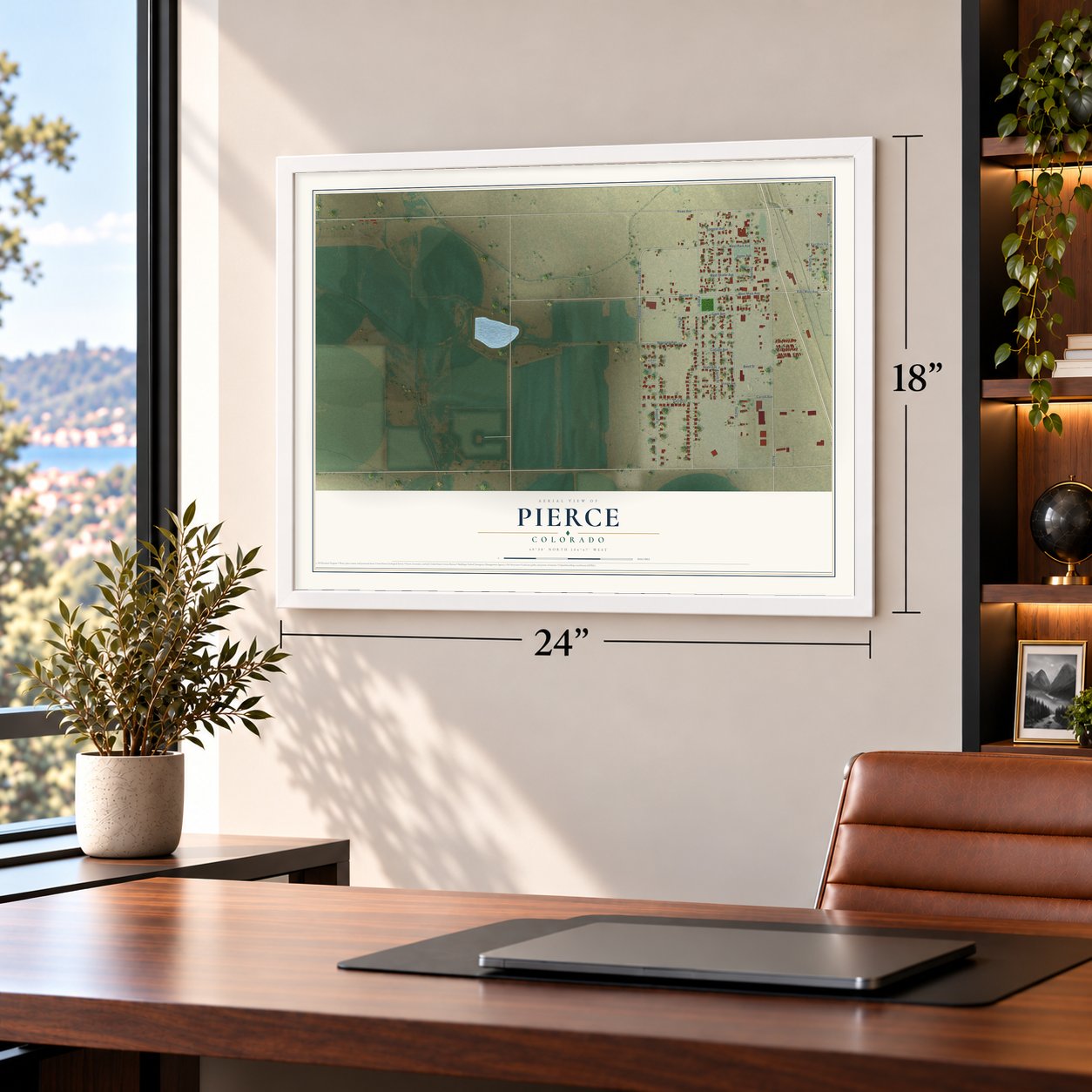Pierce, Colorado map, 18 x 24 inch print in a white frame in a home office