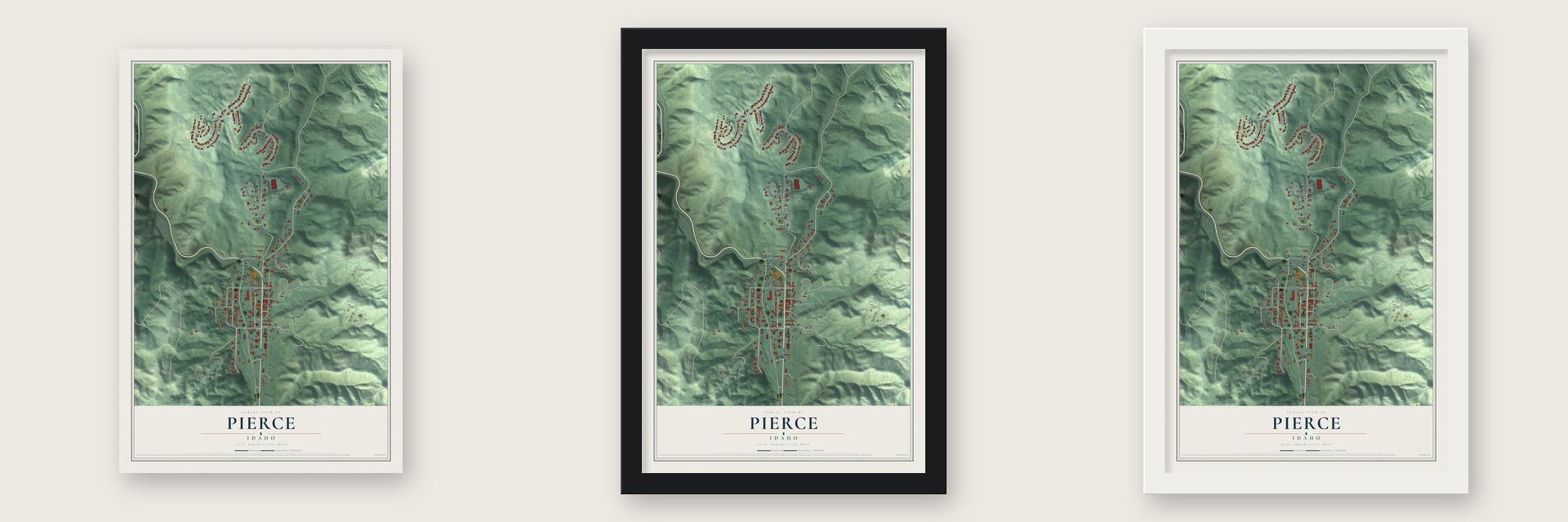 Pierce, Idaho map unframed, in a black wood frame and in a white wood frame