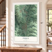 Pierce, Idaho map, 24 x 36 inch print in a white frame by a staircase