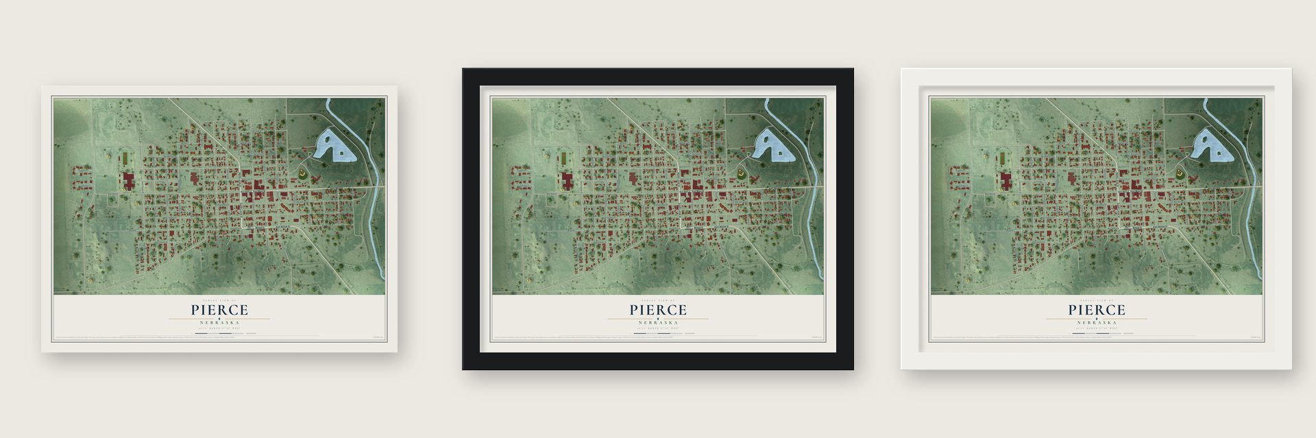 Pierce, Nebraska map unframed, in a black wood frame and in a white wood frame