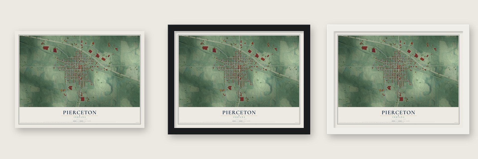 Pierceton, Indiana map unframed, in a black wood frame and in a white wood frame