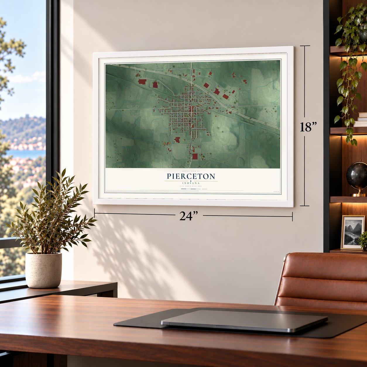 Pierceton, Indiana map, 18 x 24 inch print in a white frame in a home office