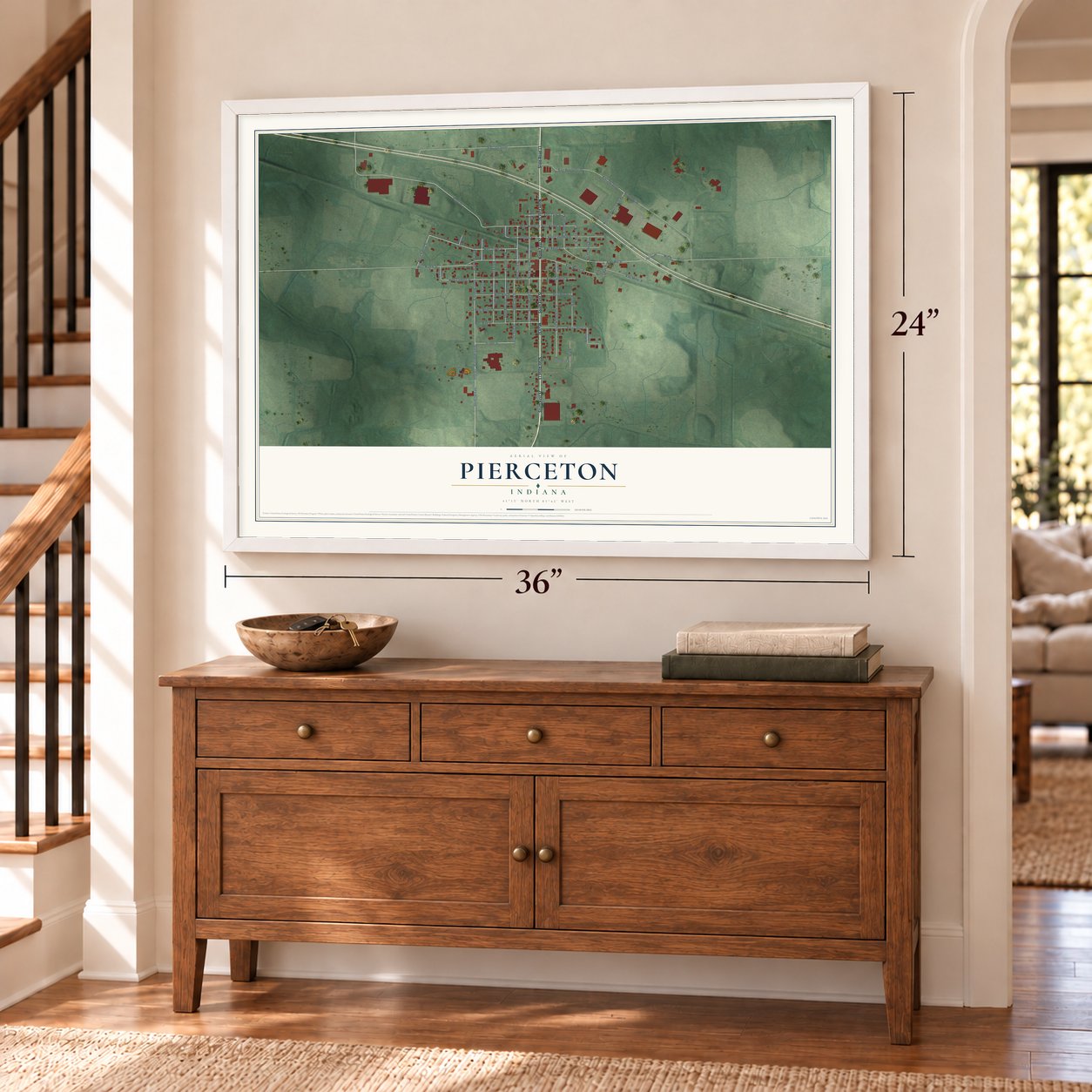 Pierceton, Indiana map, 24 x 36 inch print in a white frame above a dresser by a staircase