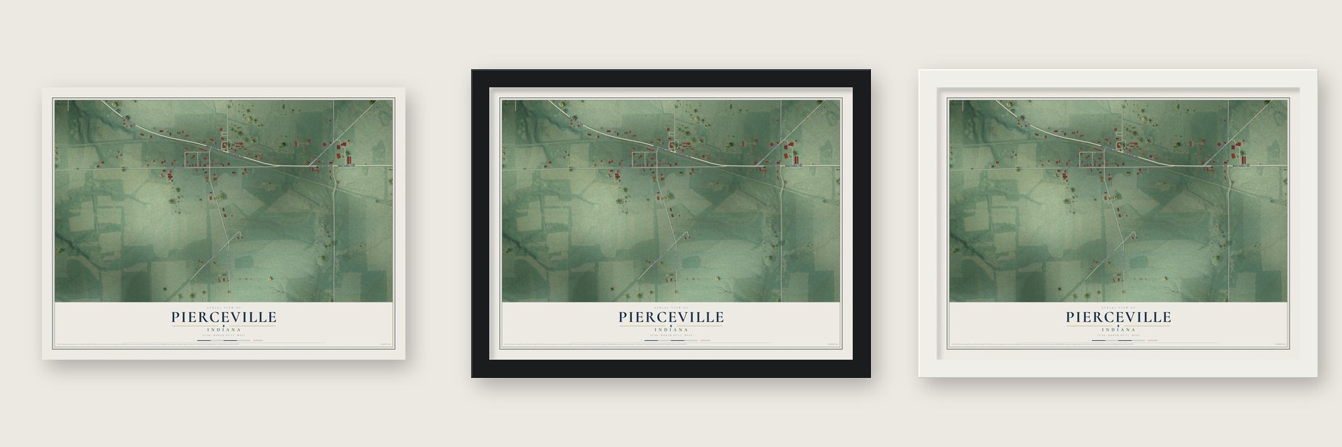 Pierceville, Indiana map unframed, in a black wood frame and in a white wood frame