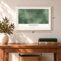 Pierceville, Indiana map, 12 x 18 inch print in a white frame in an entryway