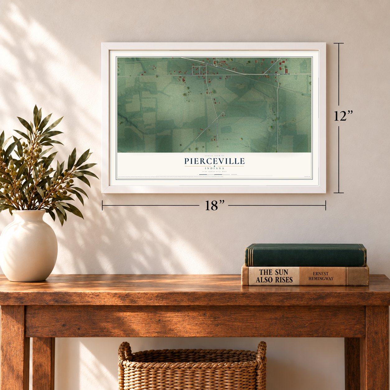 Pierceville, Indiana map, 12 x 18 inch print in a white frame in an entryway