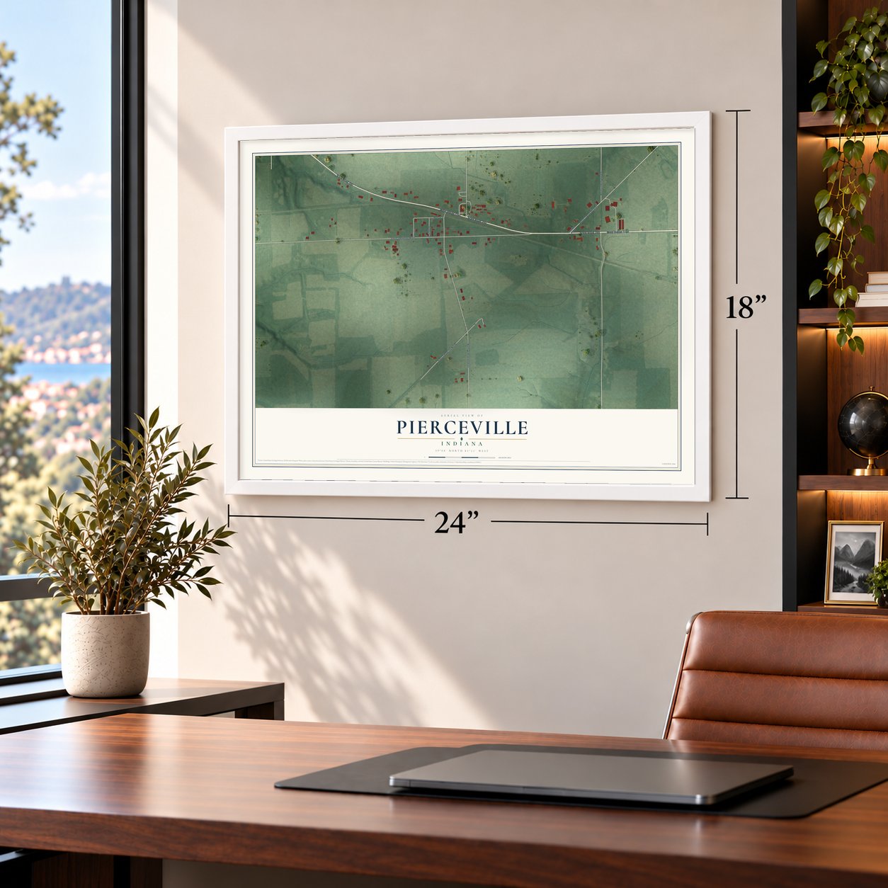 Pierceville, Indiana map, 18 x 24 inch print in a white frame in a home office