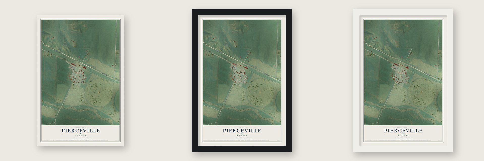 Pierceville, Kansas map unframed, in a black wood frame and in a white wood frame