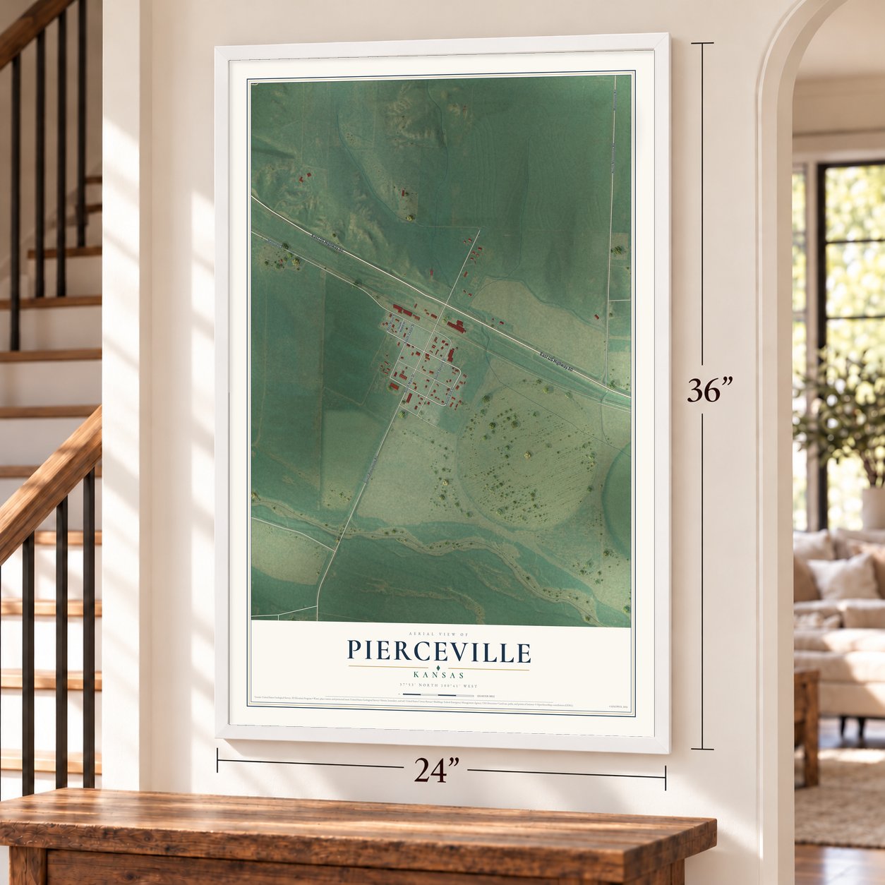 Pierceville, Kansas map, 24 x 36 inch print in a white frame by a staircase