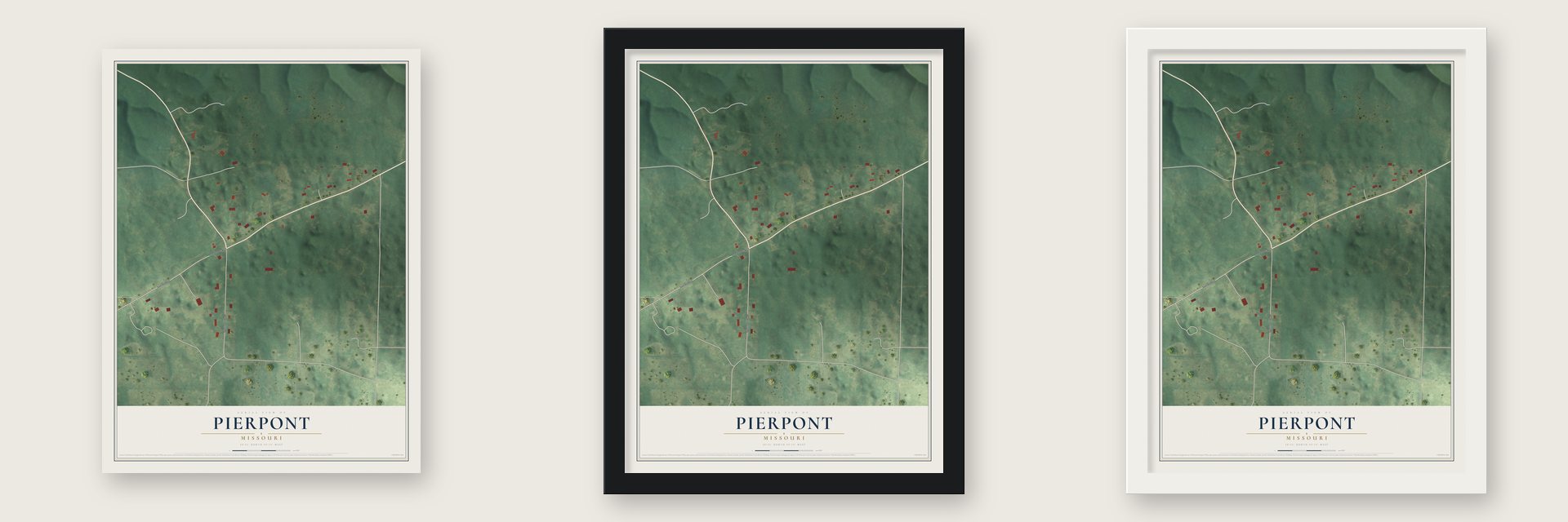 Pierpont, Missouri map unframed, in a black wood frame and in a white wood frame