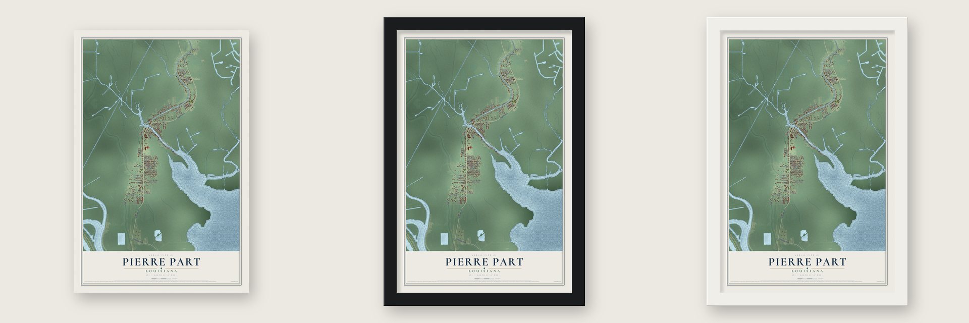Pierre Part, Louisiana map unframed, in a black wood frame and in a white wood frame