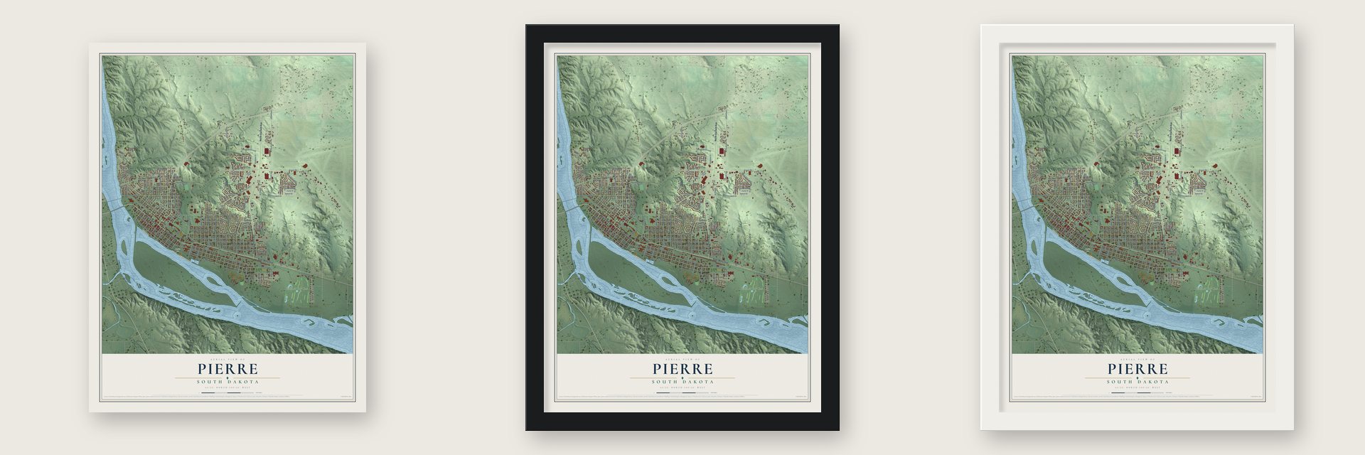 Pierre, South Dakota map unframed, in a black wood frame and in a white wood frame