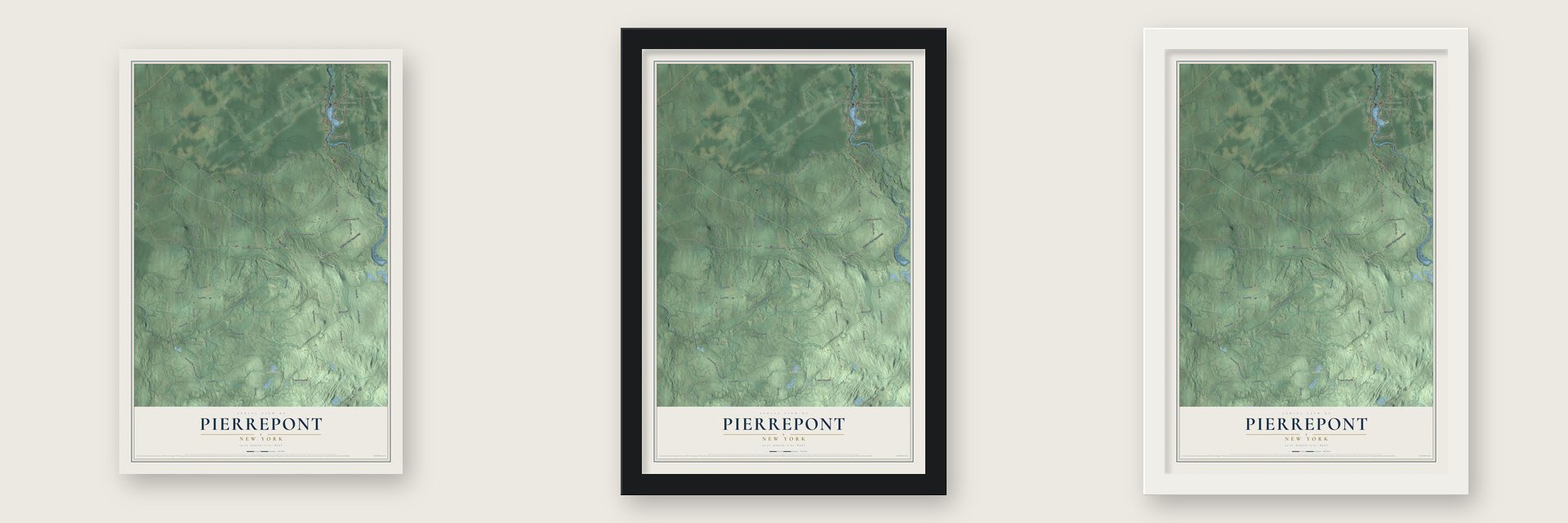 Pierrepont, New York map unframed, in a black wood frame and in a white wood frame
