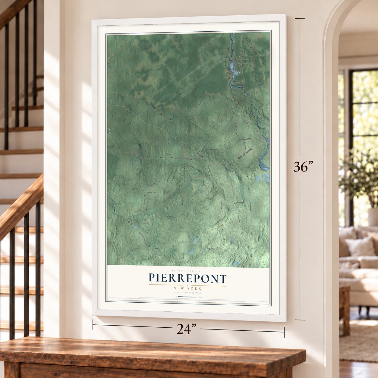 Pierrepont, New York map, 24 x 36 inch print in a white frame by a staircase