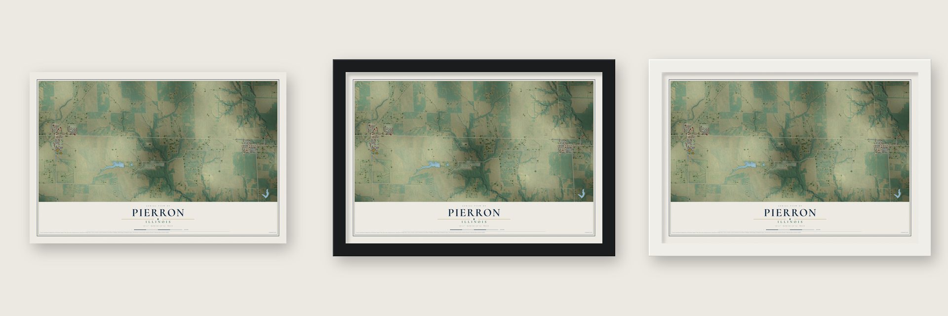Pierron, Illinois map unframed, in a black wood frame and in a white wood frame