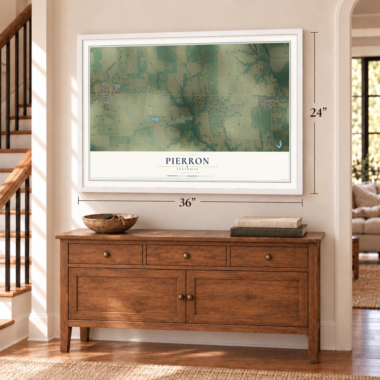 Pierron, Illinois map, 24 x 36 inch print in a white frame above a dresser by a staircase