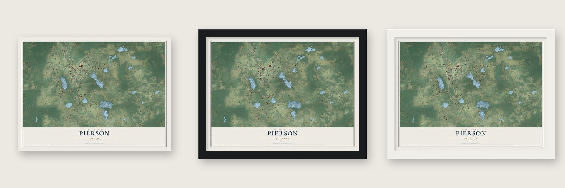 Pierson, Florida map unframed, in a black wood frame and in a white wood frame