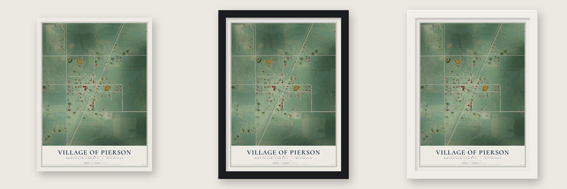 Pierson, Michigan map unframed, in a black wood frame and in a white wood frame