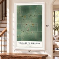 Pierson, Michigan map, 24 x 36 inch print in a white frame by a staircase