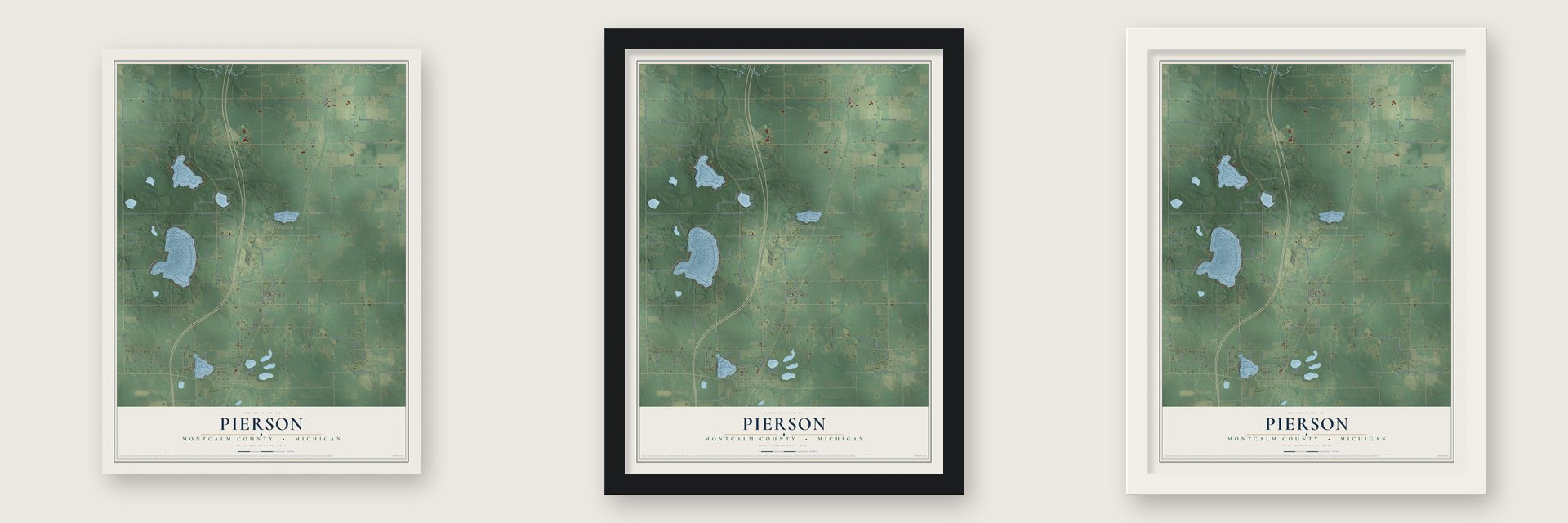 Pierson, Montcalm County, Michigan map unframed, in a black wood frame and in a white wood frame