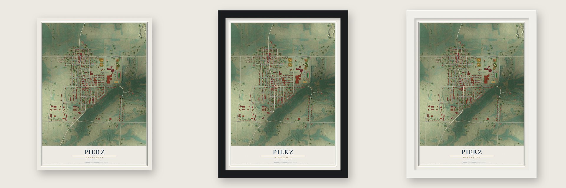 Pierz, Minnesota map unframed, in a black wood frame and in a white wood frame